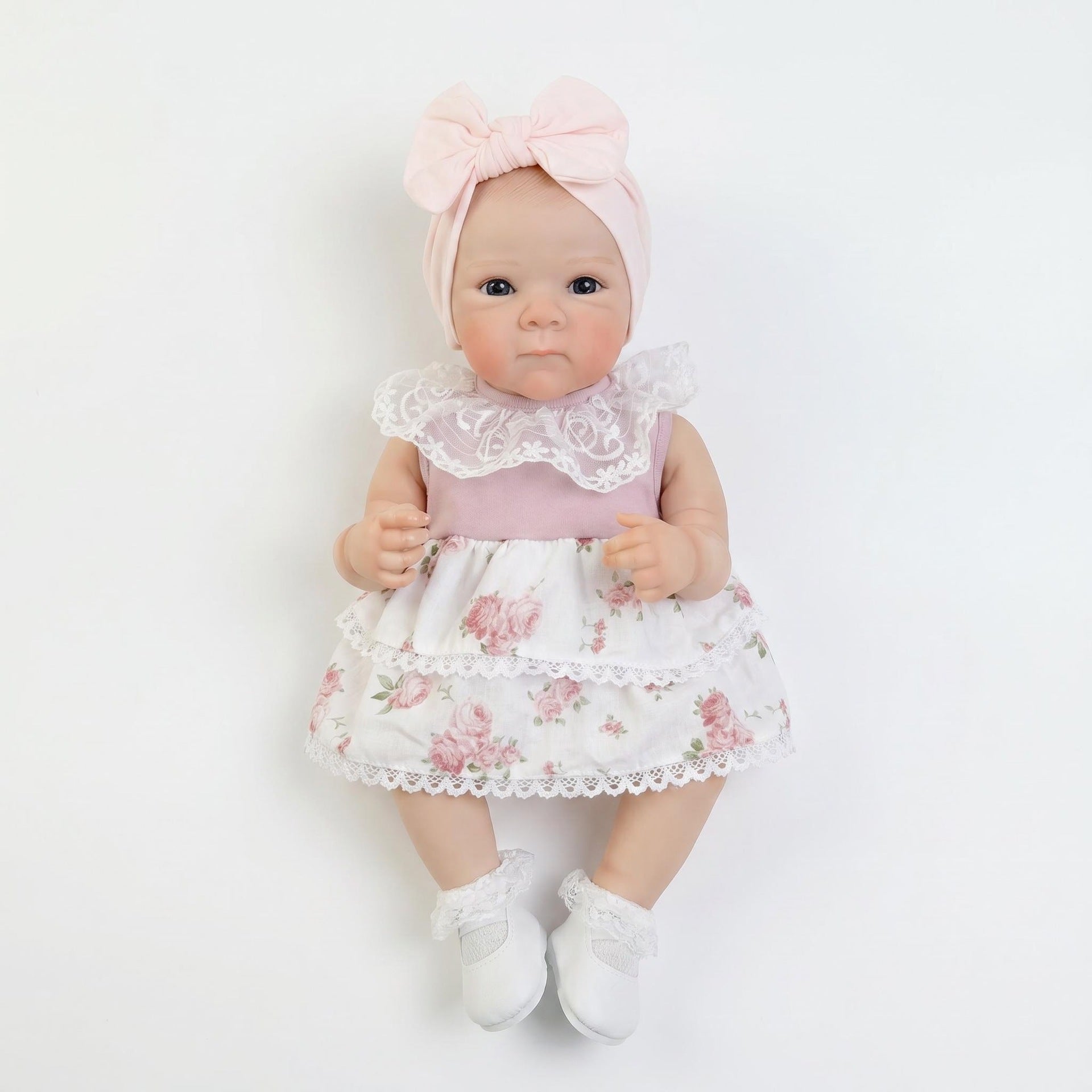 Floral Lace Dress 18 Inch Full Vinyl Body Reborn Doll Big Pink Bow Turban Open Eyes Realistic Outdoor Style Newborn Collectible