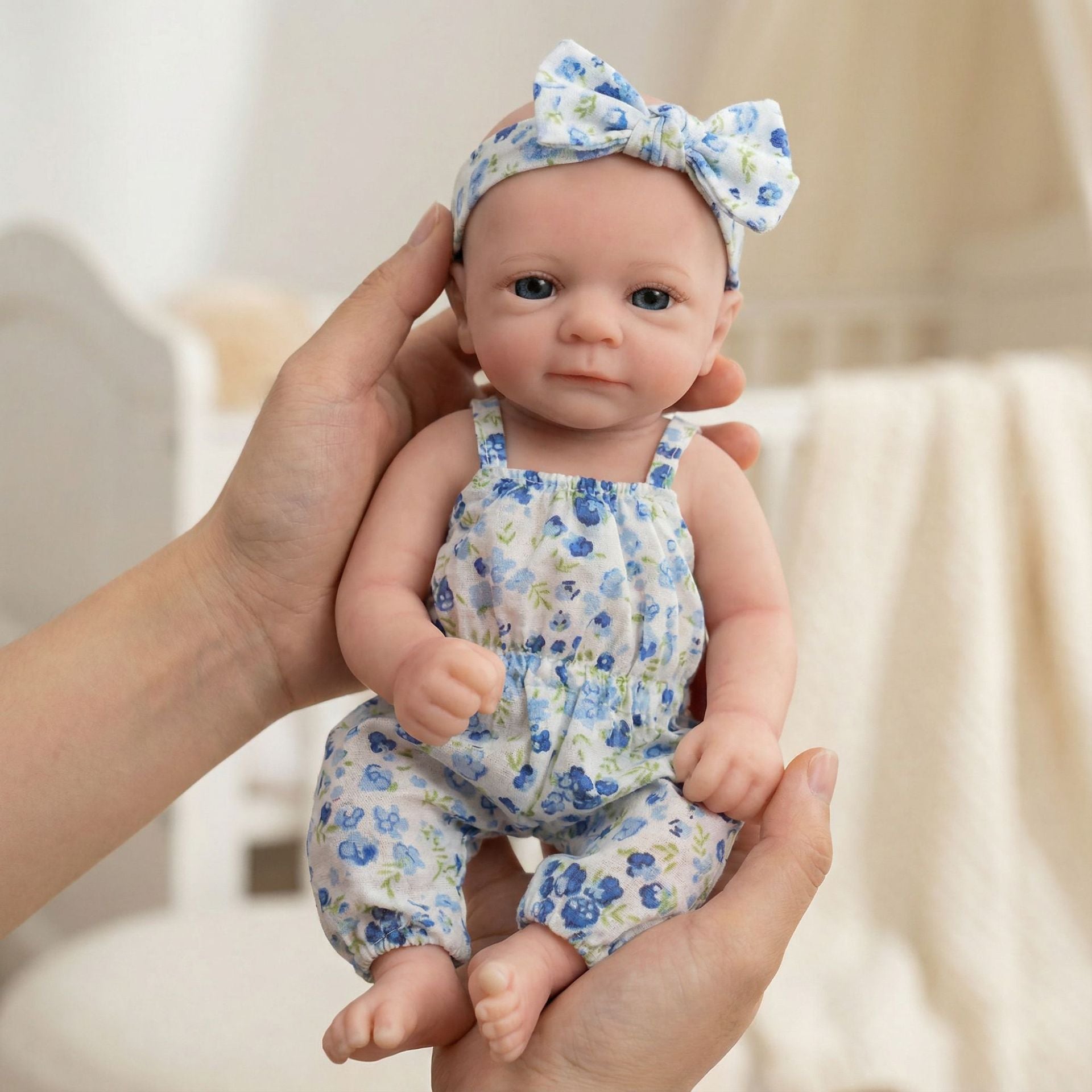 12 inch blue floral suspender jumpsuit, solid silicone reincarnation doll, giving children Christmas gifts