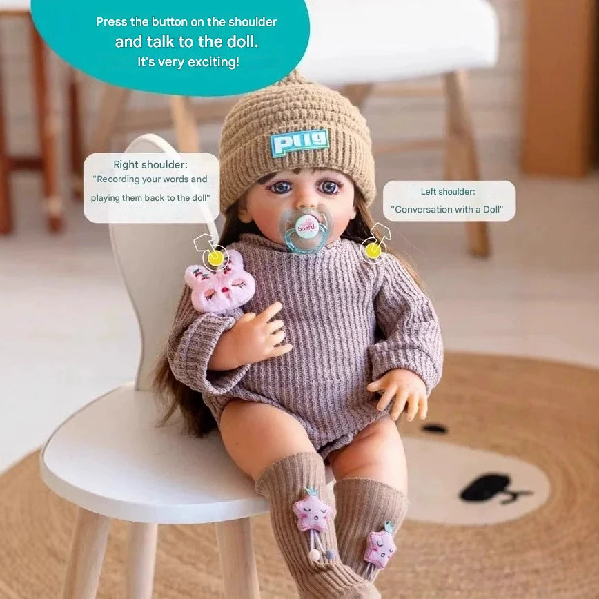 Doll with a beanie and knitted outfit sitting on a chair, with text instructions on how to use it.