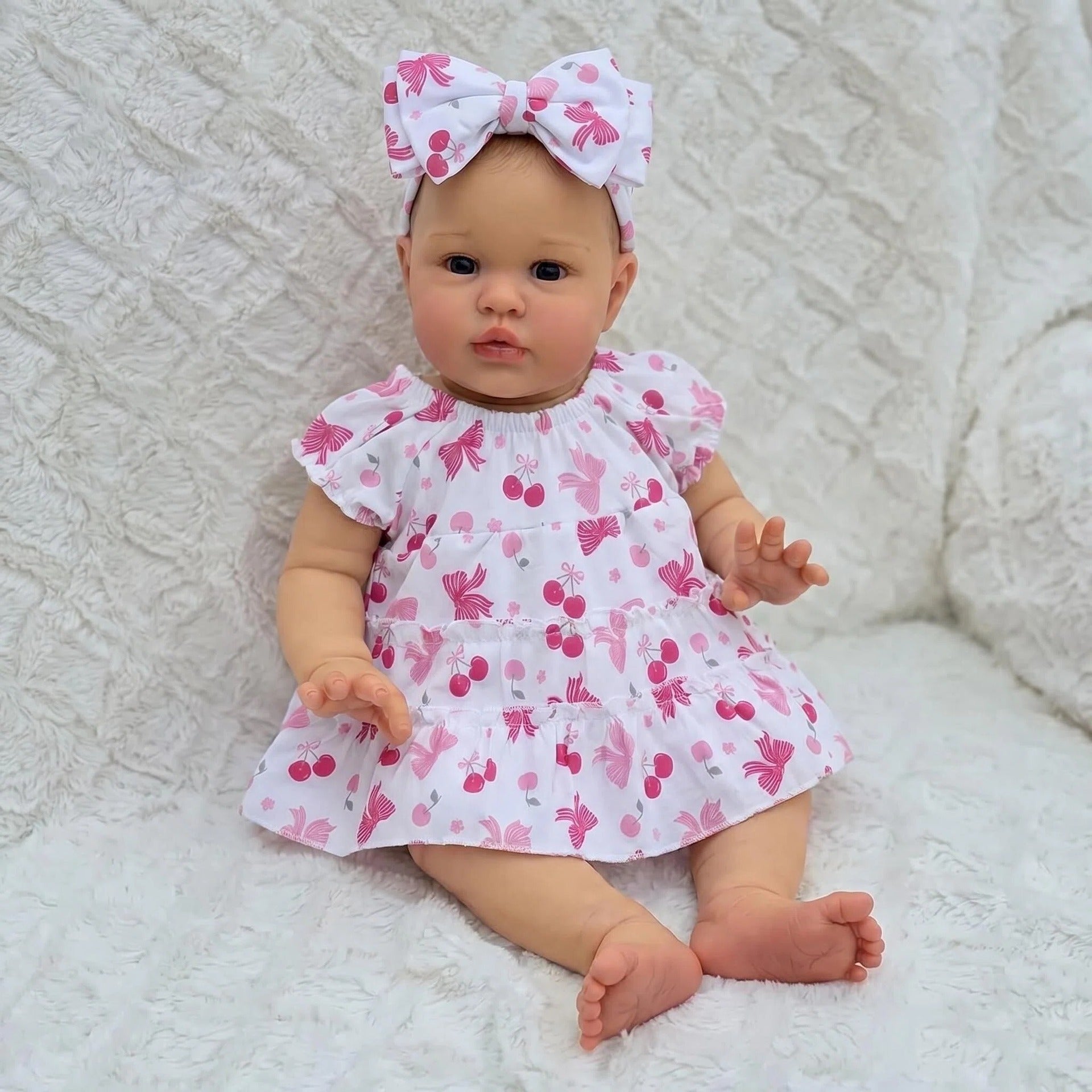 Realistic 22 inch Reborn Infant Doll With Cloth Body, Cherry Pattern Dress, Soothing Companion for Holiday Gifting