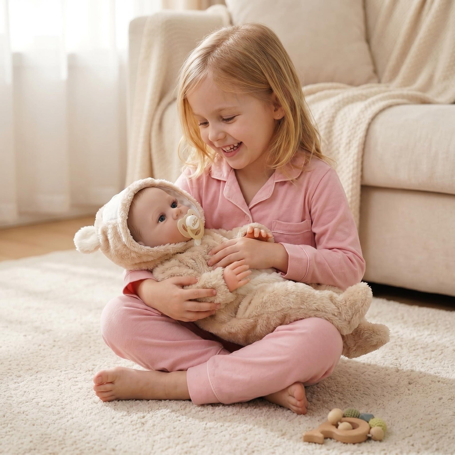 Lifelike Open-Eyed Baby Doll 18 Inch with Cloth Body Bear Hood Romper, Companion Toy Suitable For Nursery Decor & All Occasion Holiday Gifting