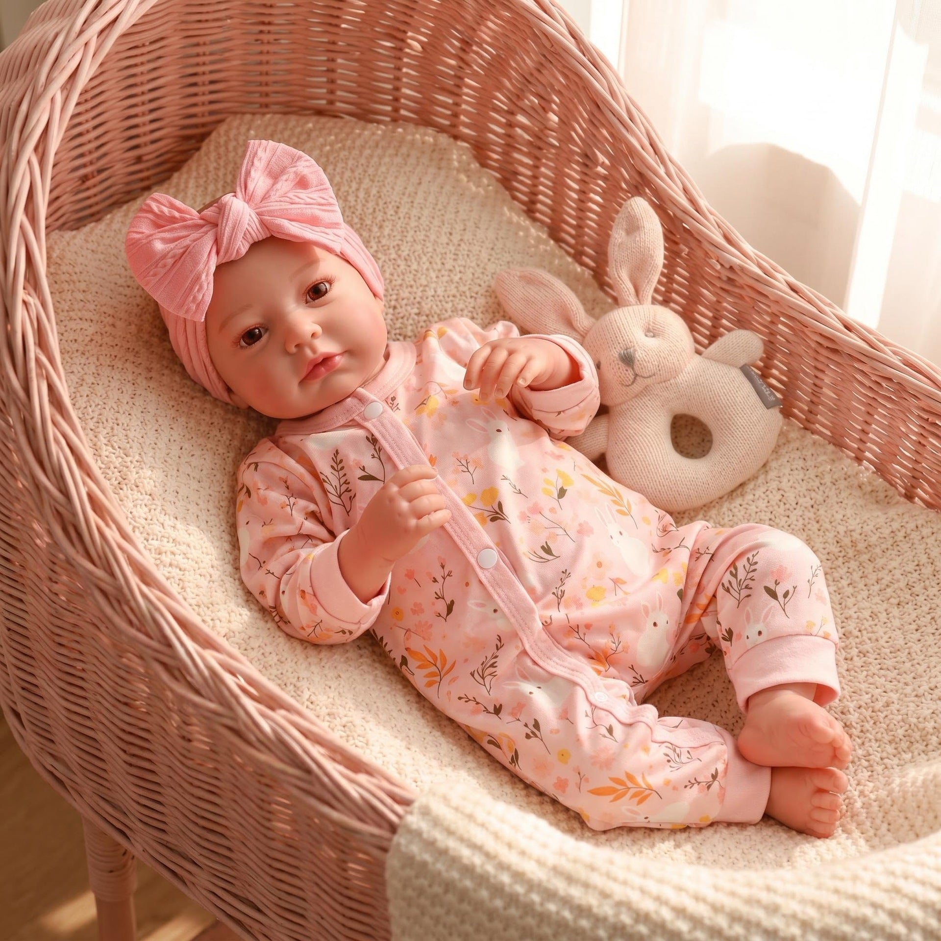 Soft Touch 19inch with Full Vinyl Body Reborn Doll Floral Rabbit Print Zipper Jumpsuit Complete Cute Outfit For Pretend Play & Interior Decor