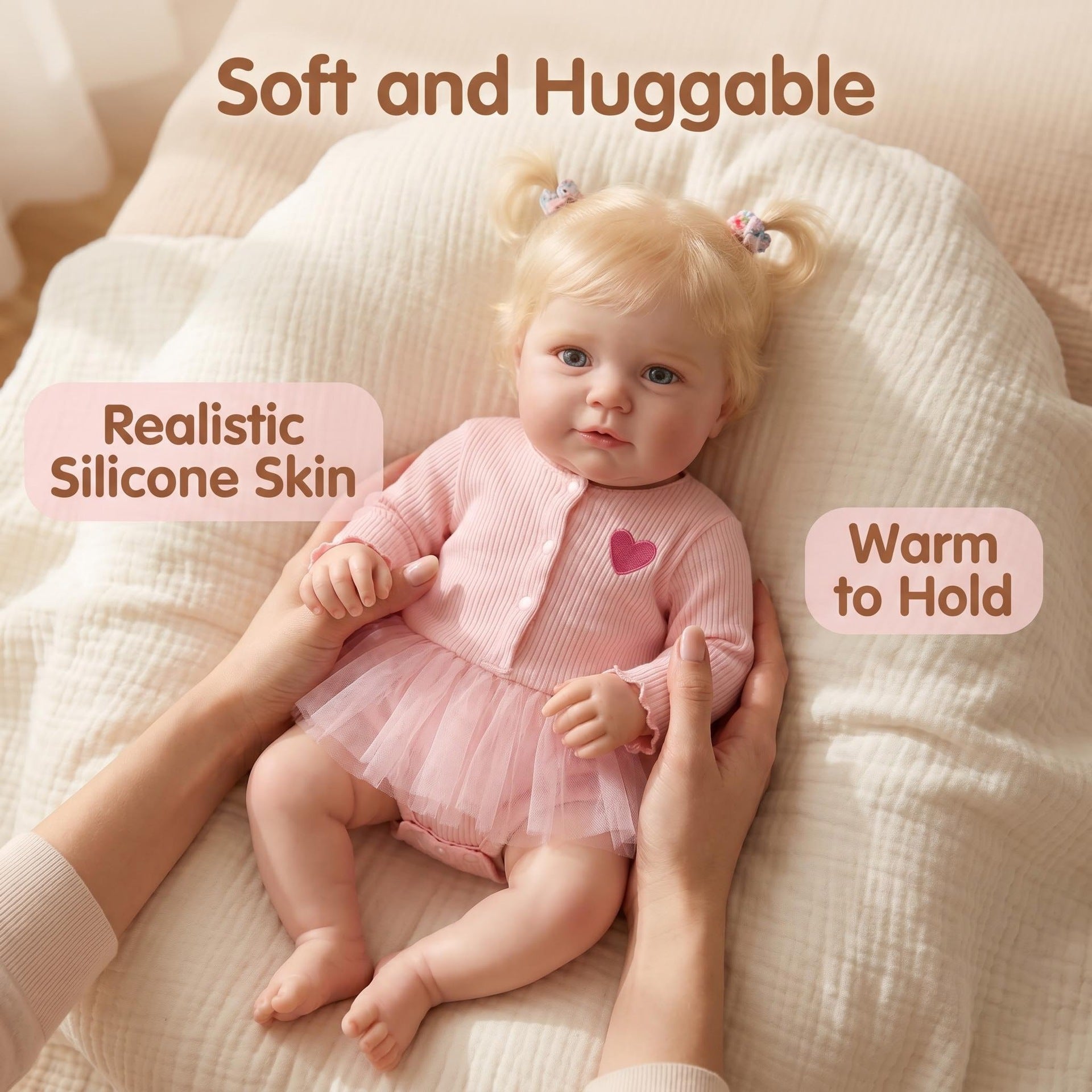20 Inch with Full Vinyl Reborn Baby, Blonde Pigtails & Pink Heart Tutu Outfit, Companion Doll for Birthday & Holiday Gift