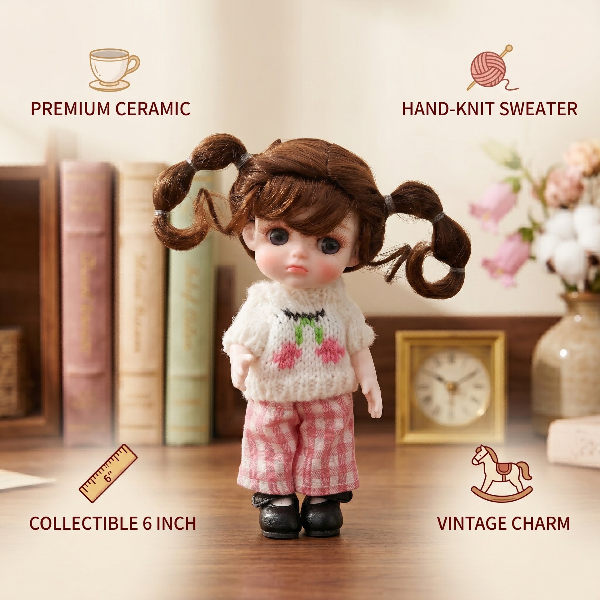 6 Inch Mini with Ceramic Body Cute Pigtails Yellow Gingham Outfit Collectible Desktop Decor Gift