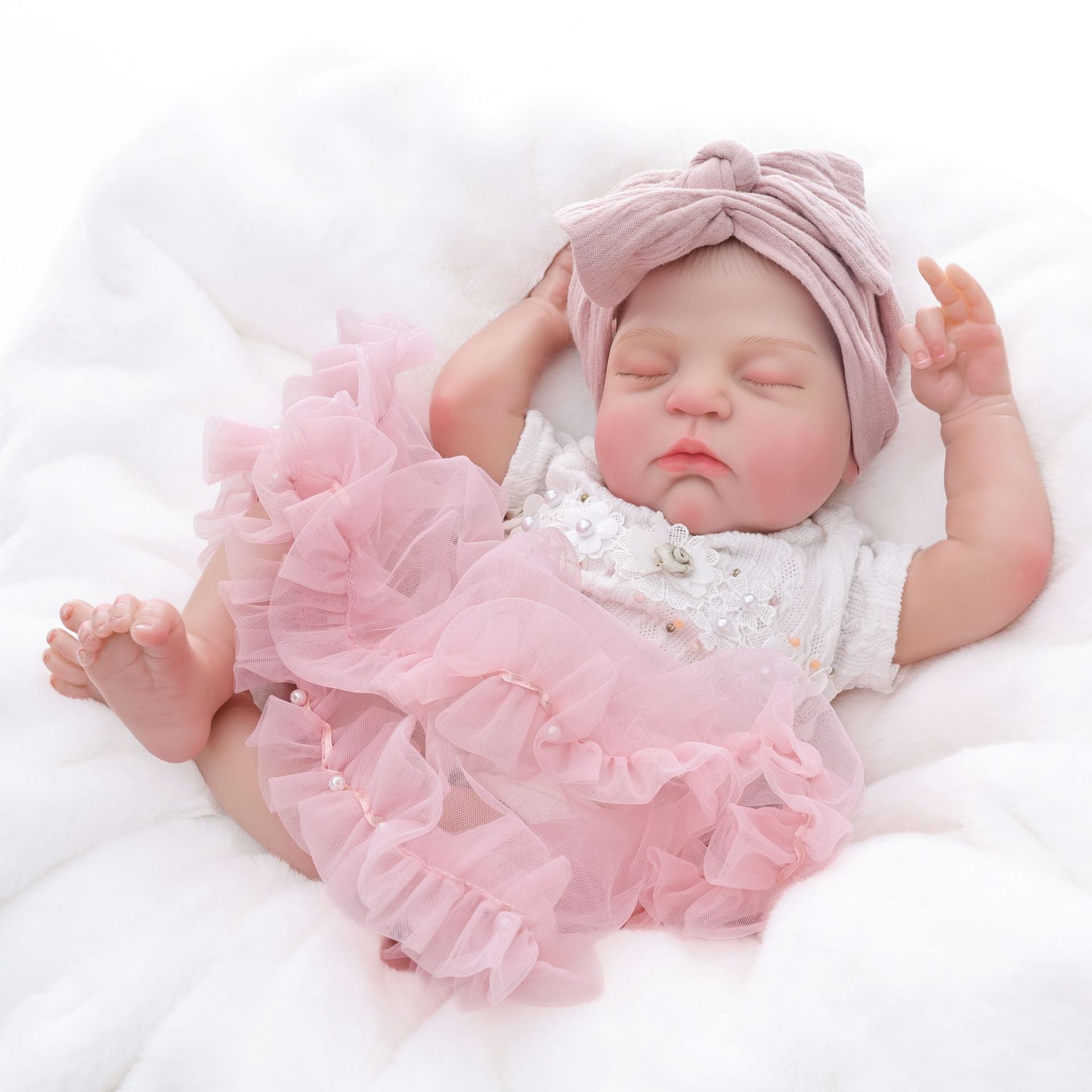 Real Lifelike Sleeping Reborn Doll 18 inch with Cloth Body, Knotted Pink Headband, Holiday Gift for Girls & Doll Collectors
