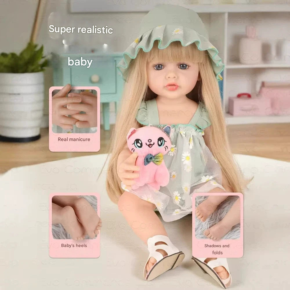 Realistic baby doll with a pink plush toy, surrounded by close-up details of its features.