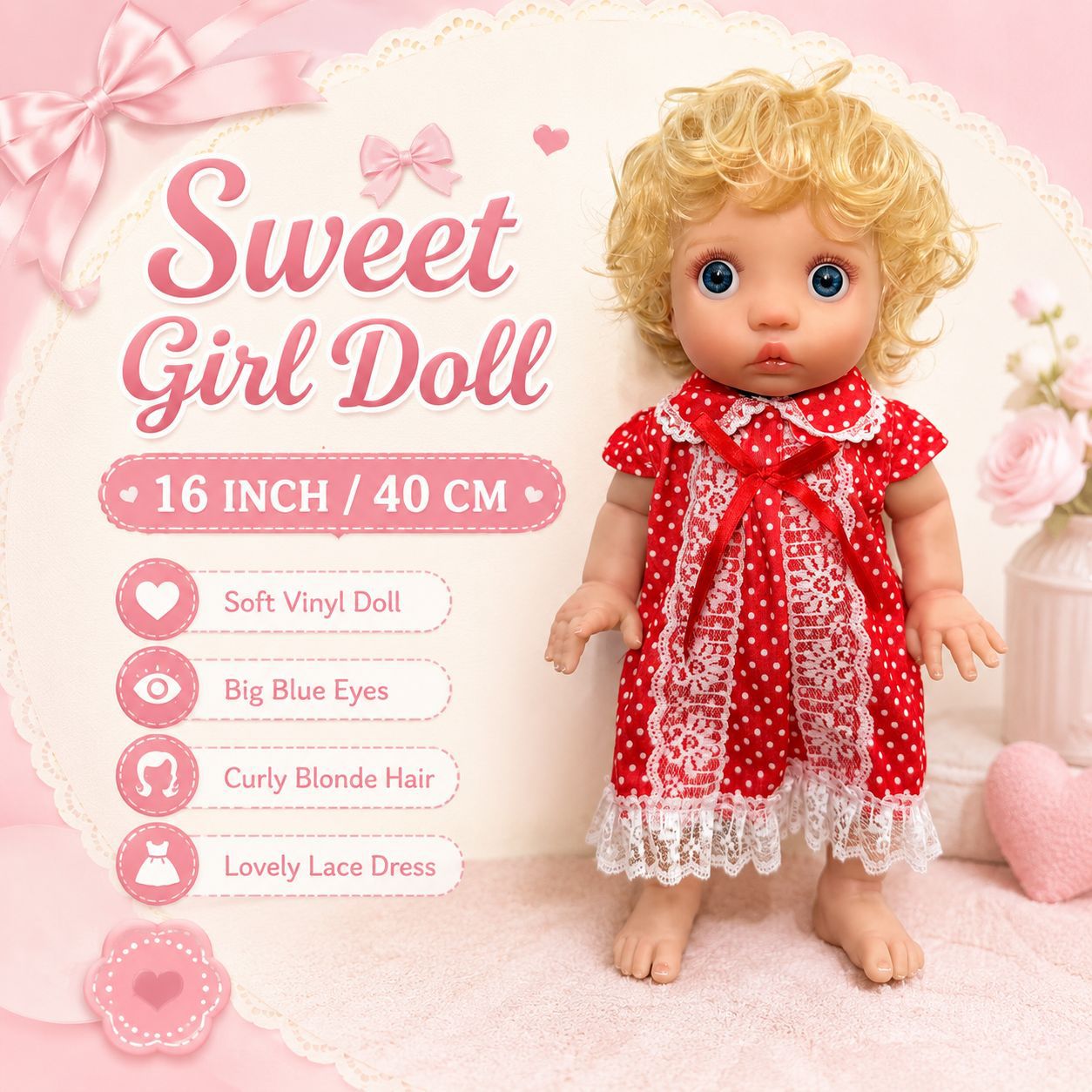 16 Inch with Full Vinyl Curly‑Hair Vinyl Doll, Wonderful Keepsake Gift for Birthdays and Upcoming Holiday Seasons