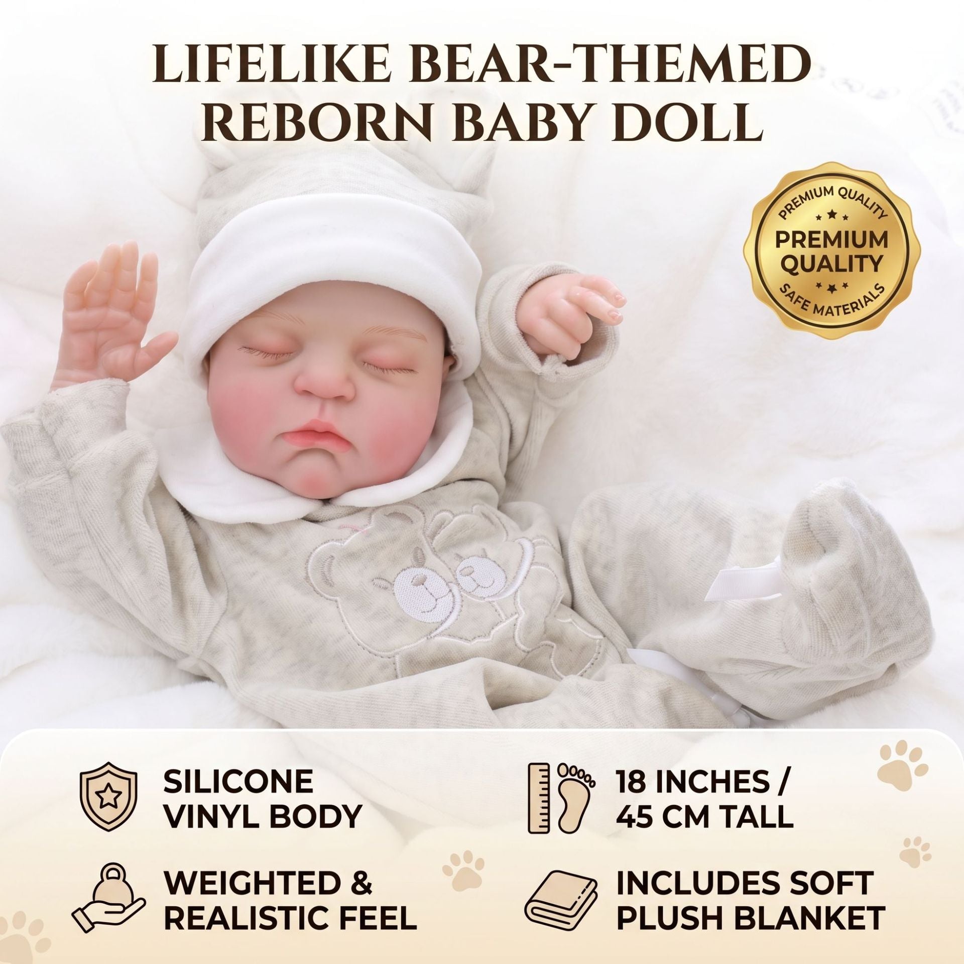 18 Inch with Cloth Body Sleeping Reborn Baby Doll, Bear Ear Onesie, Huggable Companion Gift for Birthday & Holiday