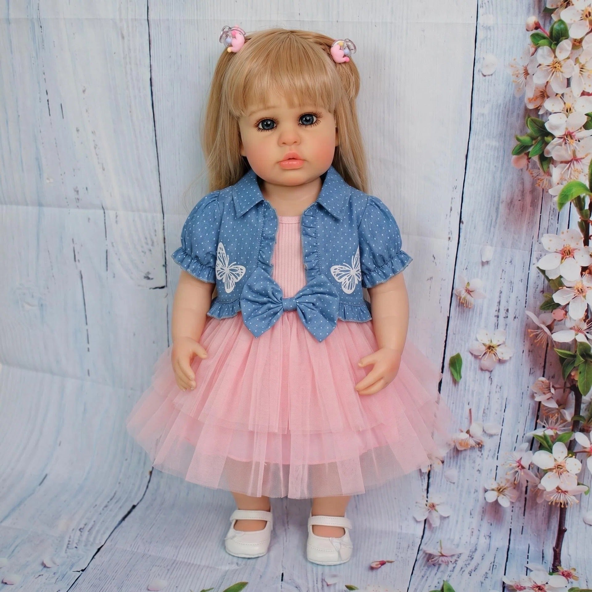 Lifelike 22 inch with Full Vinyl Body Standing Toddler Reborn Doll With Blonde Pigtails, Princess Outfit, Festive Gift For Kids & Collectors