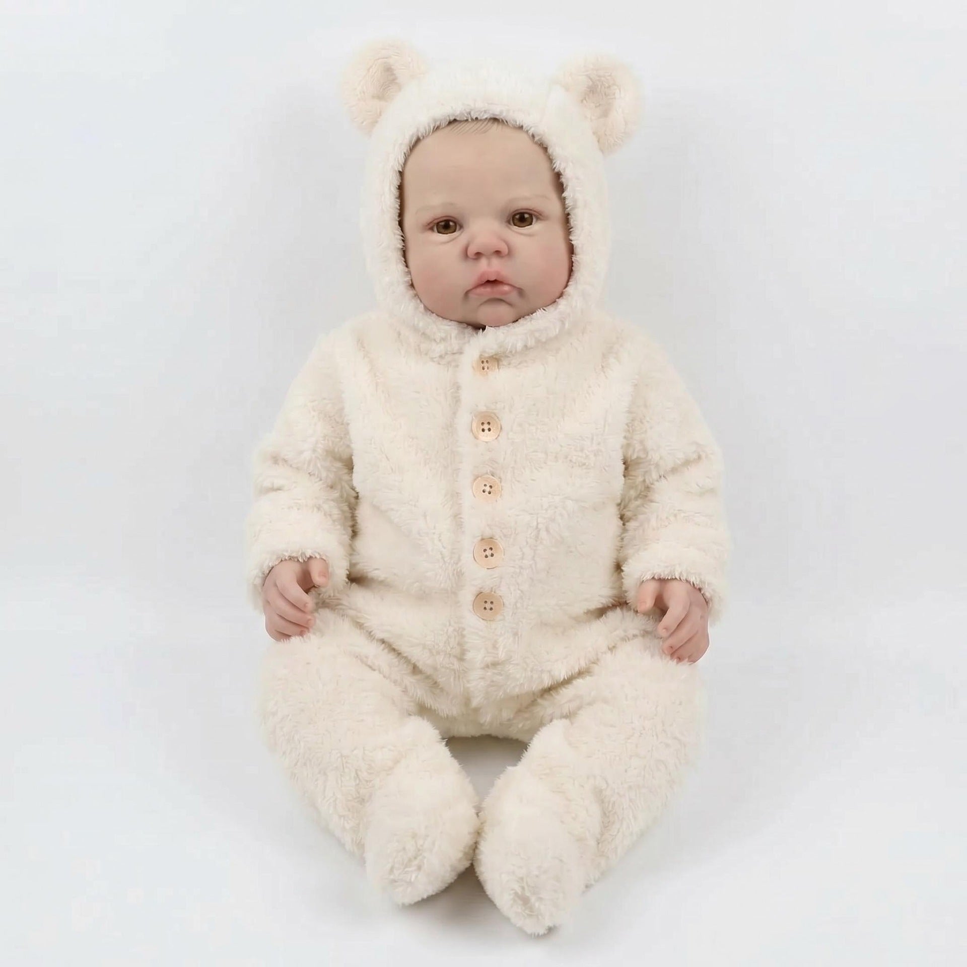 19 Inch with Cloth Body Awake Reborn Baby Doll, Cream Fluffy Bear Ear Hooded Footed Jumpsuit, Ideal Birthday, Christmas Holiday Gift, Cuddly Companion Toy For Kids & Adult Doll Enthusiasts