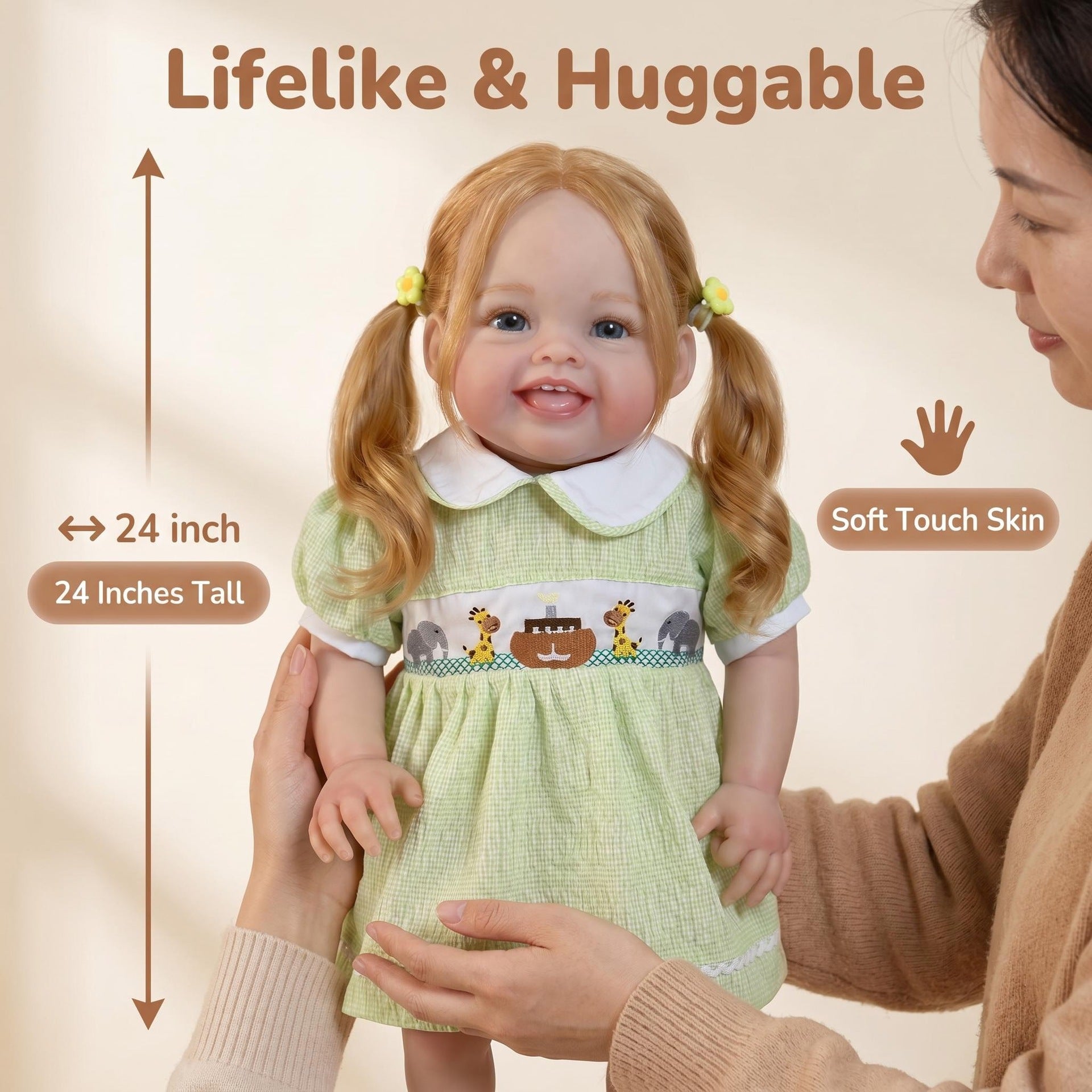 Cheerful Blonde Pigtail Reborn Girl 24 inch With Cloth Body Animal Pattern Dress, Comfort Companion Doll, Unique Surprise Gift For Birthday Parties And Western Festivals