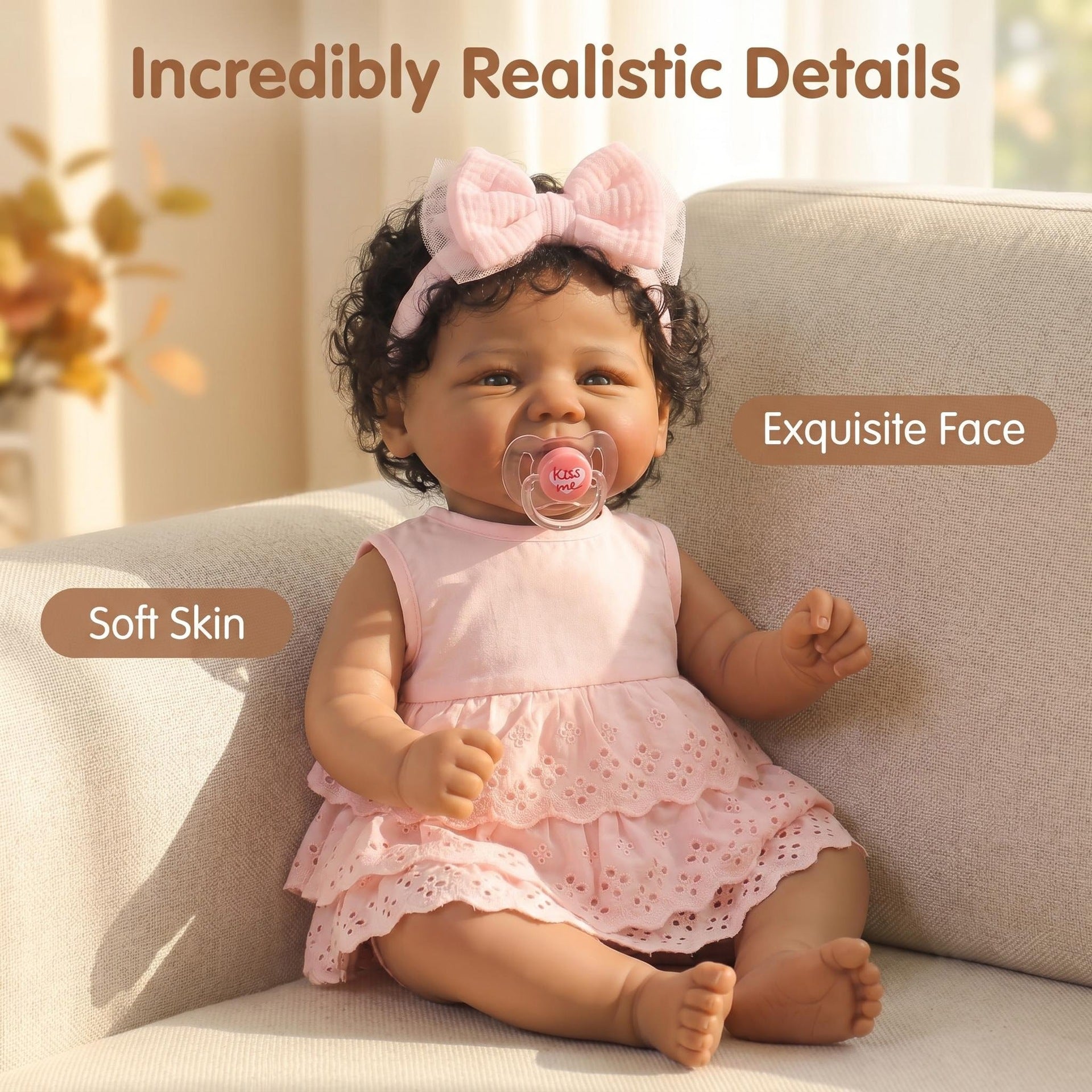 19 Inch With Cloth Body Reborn Baby Doll, Pink Eyelet Lace Dress, Big Mesh Bow Headband, Lovely Gift Option for Birthdays, Christmas and Holiday Celebrations, Huggable Companion Toy for Kids and Adult Doll Collectors