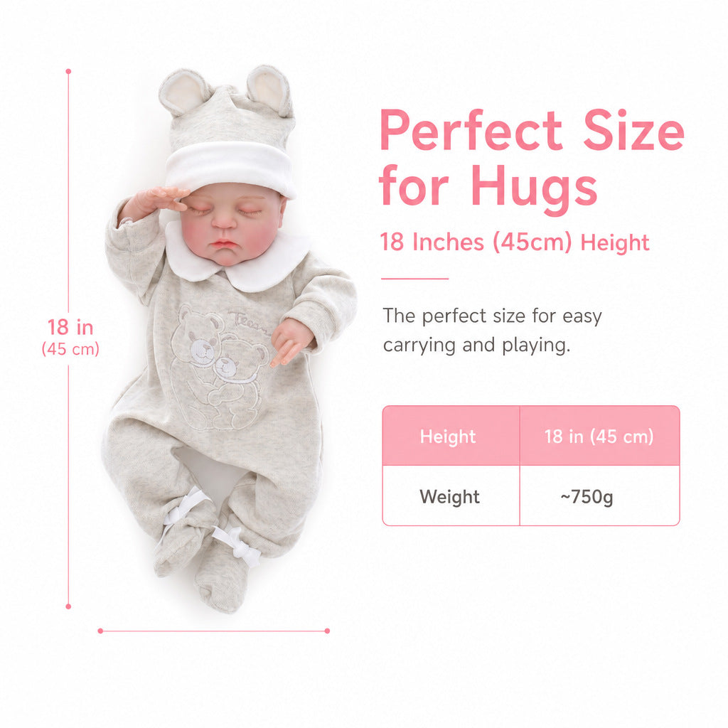 18 Inch with Cloth Body Sleeping Reborn Baby Doll, Bear Ear Onesie, Huggable Companion Gift for Birthday & Holiday