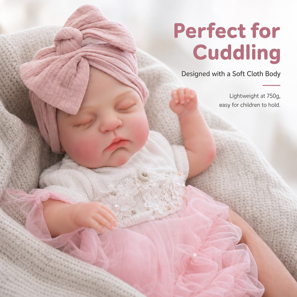 Real Lifelike Sleeping Reborn Doll 18 inch with Cloth Body, Knotted Pink Headband, Holiday Gift for Girls & Doll Collectors