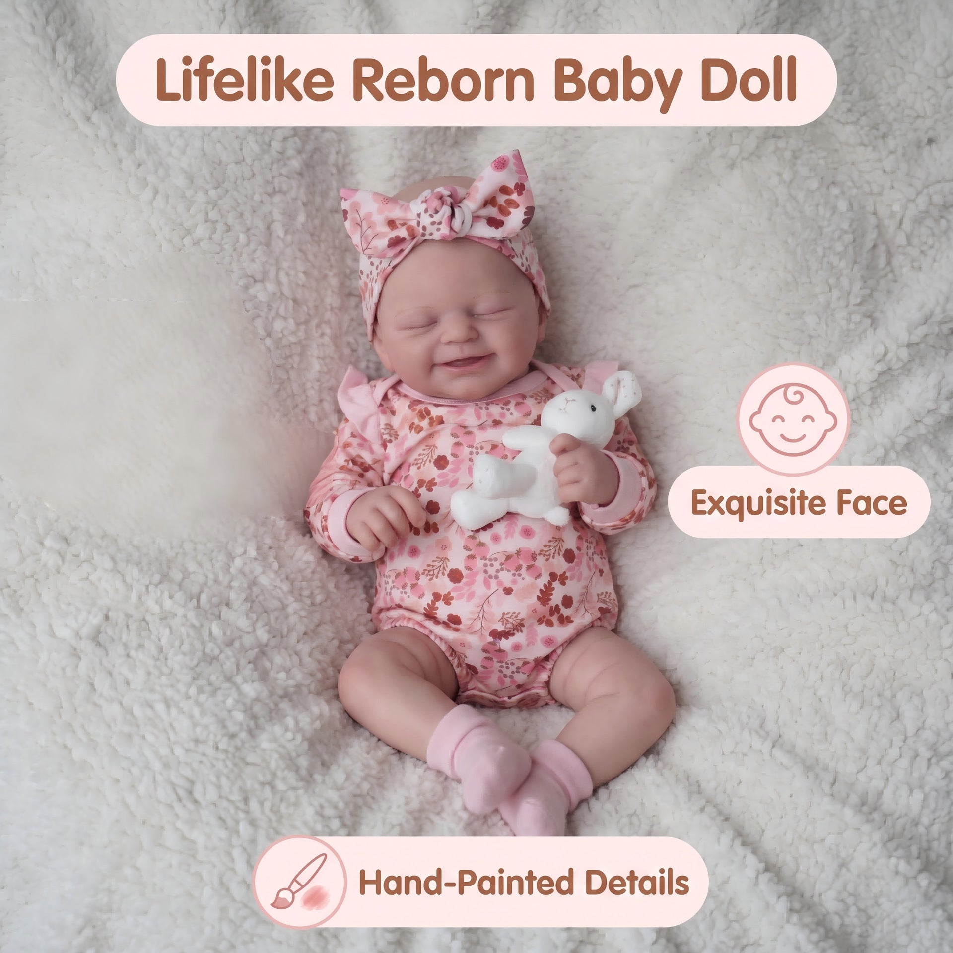 19 inch Sweet Smiling Reborn Doll with Cloth Body, Pink Floral Outfit, Comfort Toy for Festival Gifting