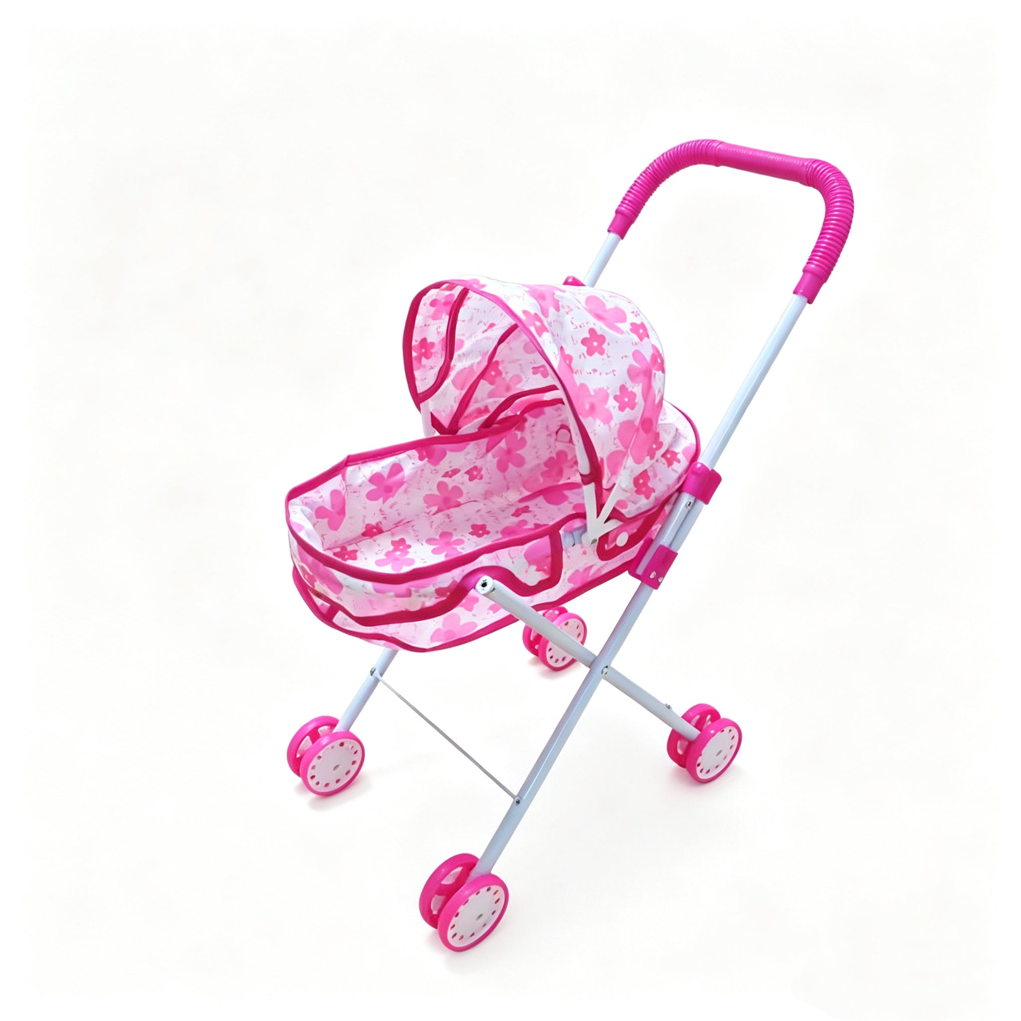 Realistic 4-Wheel Doll Stroller, Adjustable Handle & Canopy Doll Buggy, Safe Toy Stroller for 3+ Years Old Girls