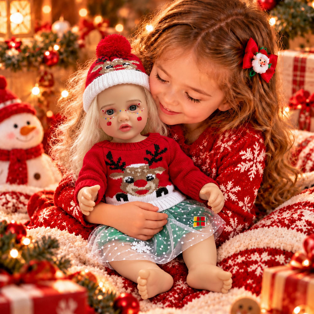 22 inch Christmas simulation reborn doll vinyl girl with curly hair and blue eyes, dress-up gift box, children's Christmas gift