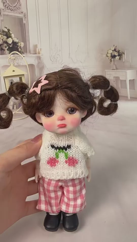 6 Inch Mini with Full Ceramic Body Doll Cute Double Ponytail Cherry Knit Outfit Collectible Desktop Decor Gift